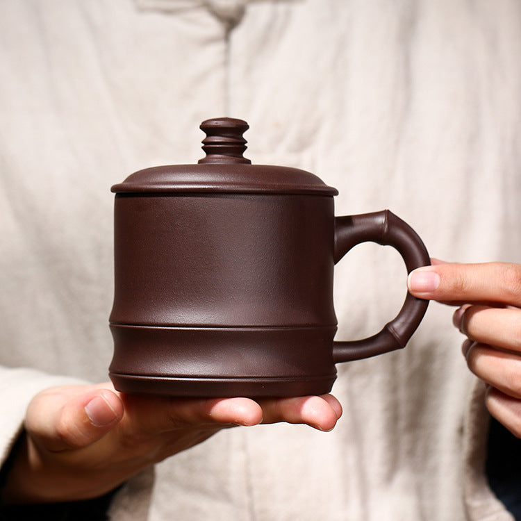 Handmade Zisha Purple Clay Bamboo Lid Teacup, 450ml Capacity
