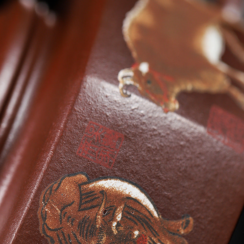 Handmade Zisha Purple Clay Teapot with Handpainted Graphic "Five Bulls", 220ml Capacity