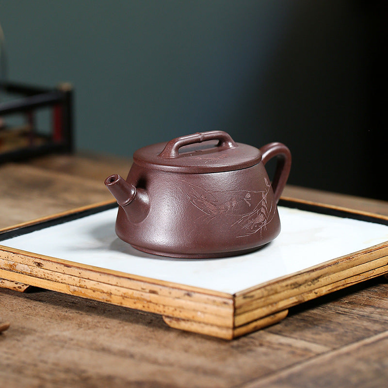Handmade Yixing Zisha Purple Clay Teapot - Wide-Mouth Teapot with Engravings - 200ml Capacity