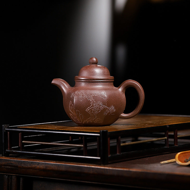 Handmadet Yixing Purple Zisha Clay Teapot with Carved Graphic, 280ml Capacity