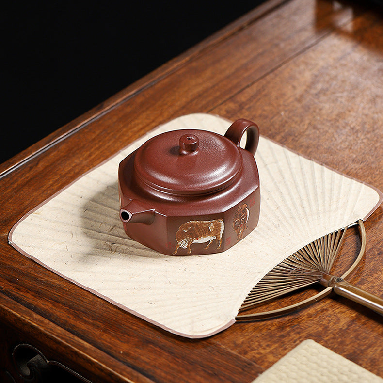 Handmade Zisha Purple Clay Teapot with Handpainted Graphic "Five Bulls", 220ml Capacity