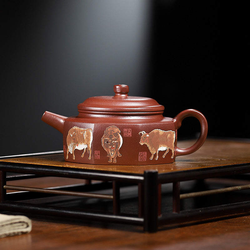Handmade Zisha Purple Clay Teapot with Handpainted Graphic "Five Bulls", 220ml Capacity