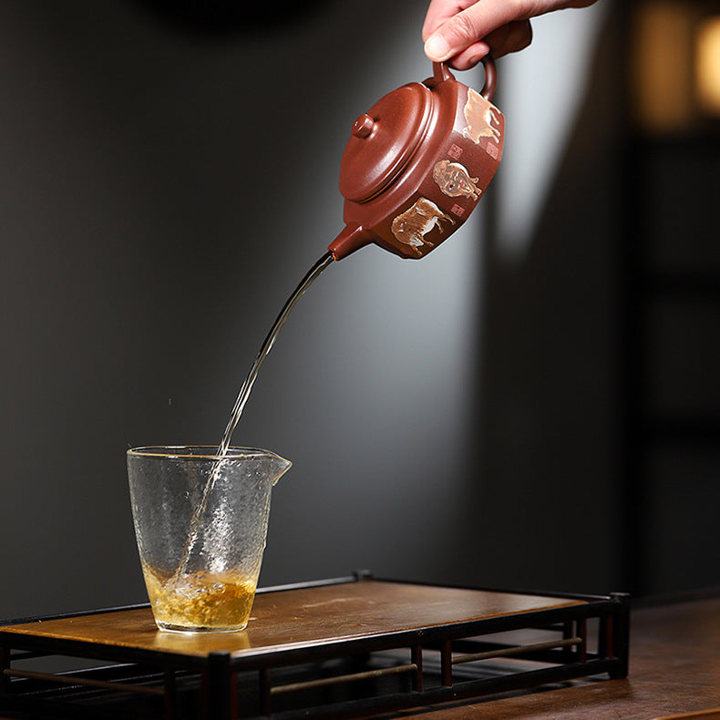 Handmade Zisha Purple Clay Teapot with Handpainted Graphic "Five Bulls", 220ml Capacity