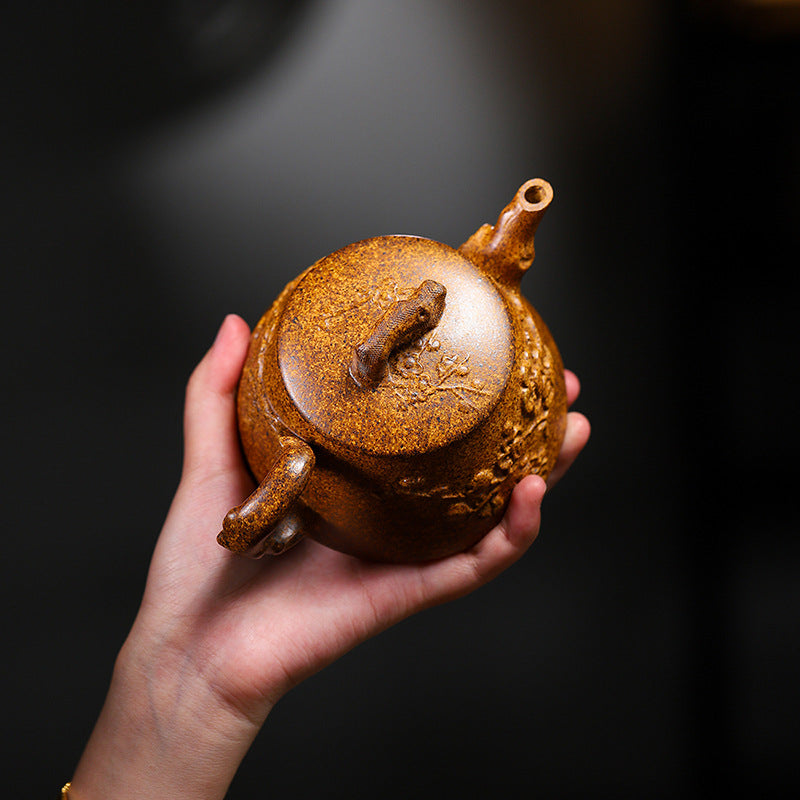 Yixing Handmade Yellow Clay Zisha Teapot with Floral Appliqué, 320ml Large Capacity