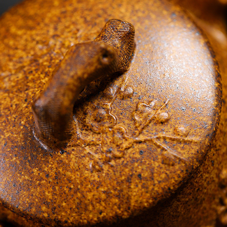 Yixing Handmade Yellow Clay Zisha Teapot with Floral Appliqué, 320ml Large Capacity