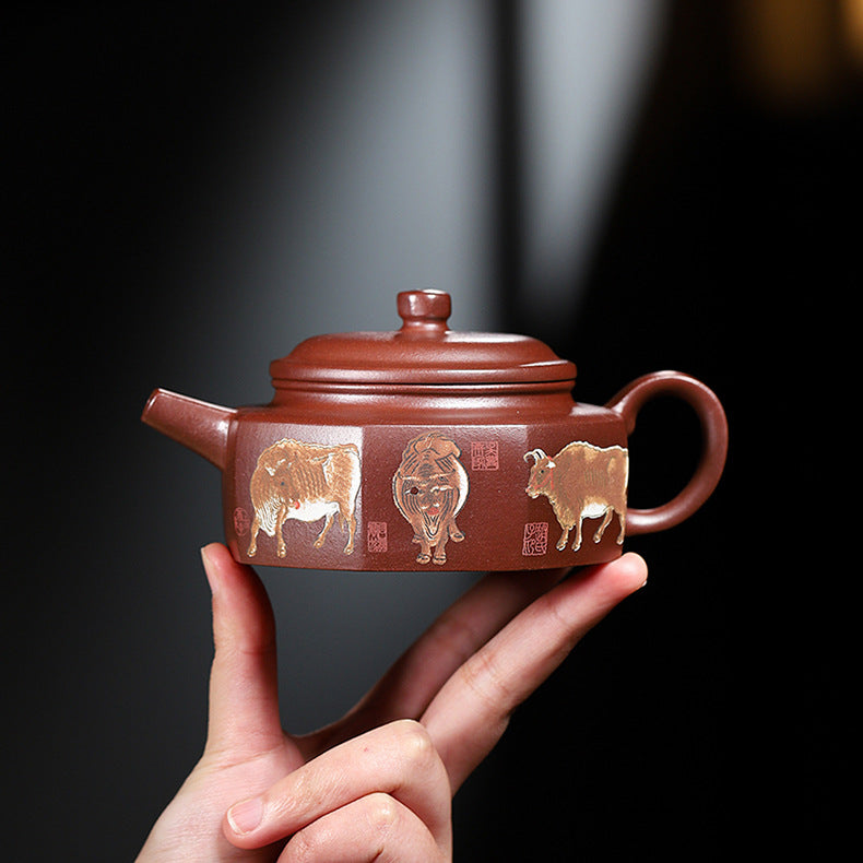 Handmade Zisha Purple Clay Teapot with Handpainted Graphic "Five Bulls", 220ml Capacity