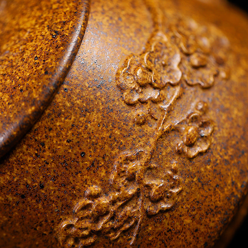 Yixing Handmade Yellow Clay Zisha Teapot with Floral Appliqué, 320ml Large Capacity