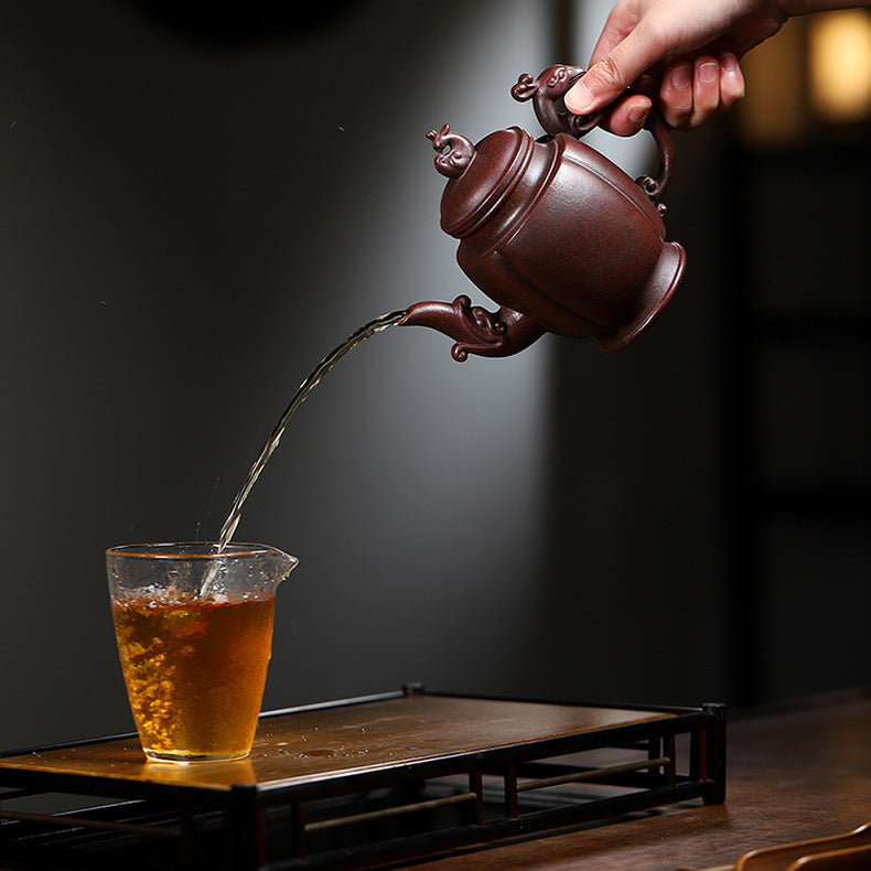 Handmade Yixing Zisha Purple Clay Teapot  "Phoenix Dancing in the Sky", 350ml Capacity