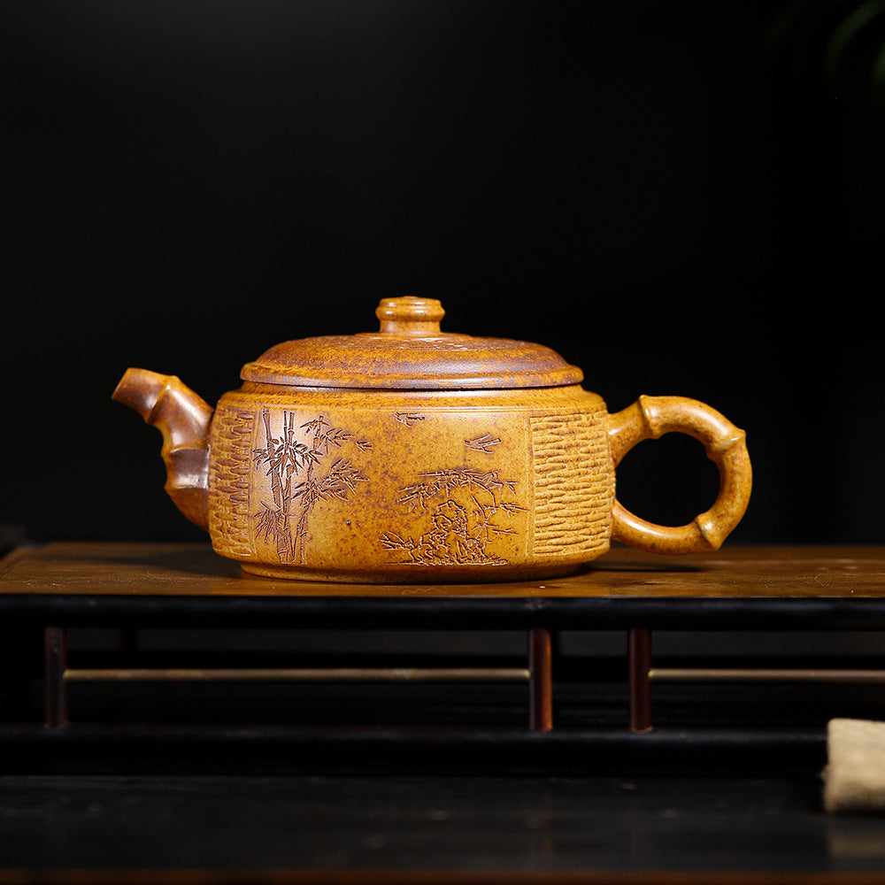 Handmade Bamboo Weave Drum Zisha Clay Teapot, Large Capacity 340ml - theTeaCloud