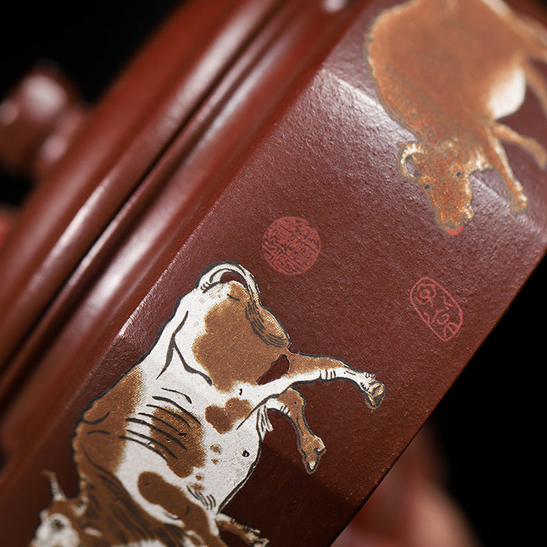 Handmade Zisha Purple Clay Teapot with Handpainted Graphic "Five Bulls", 220ml Capacity