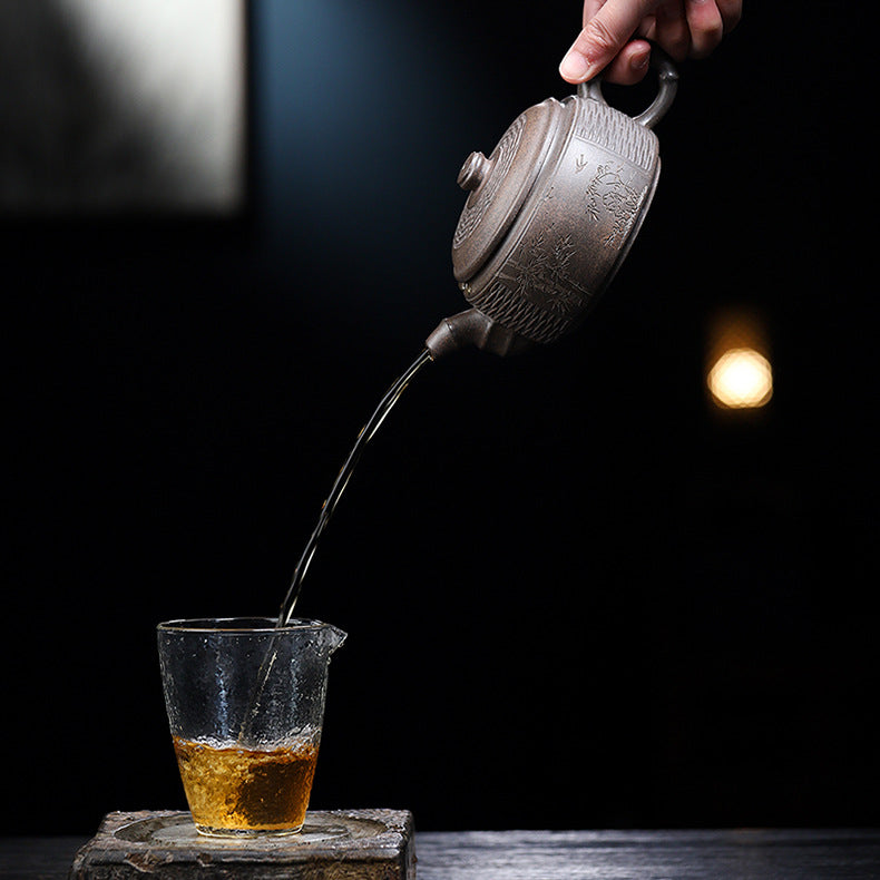 Handmade Bamboo Weave Drum Zisha Clay Teapot, Large Capacity 340ml