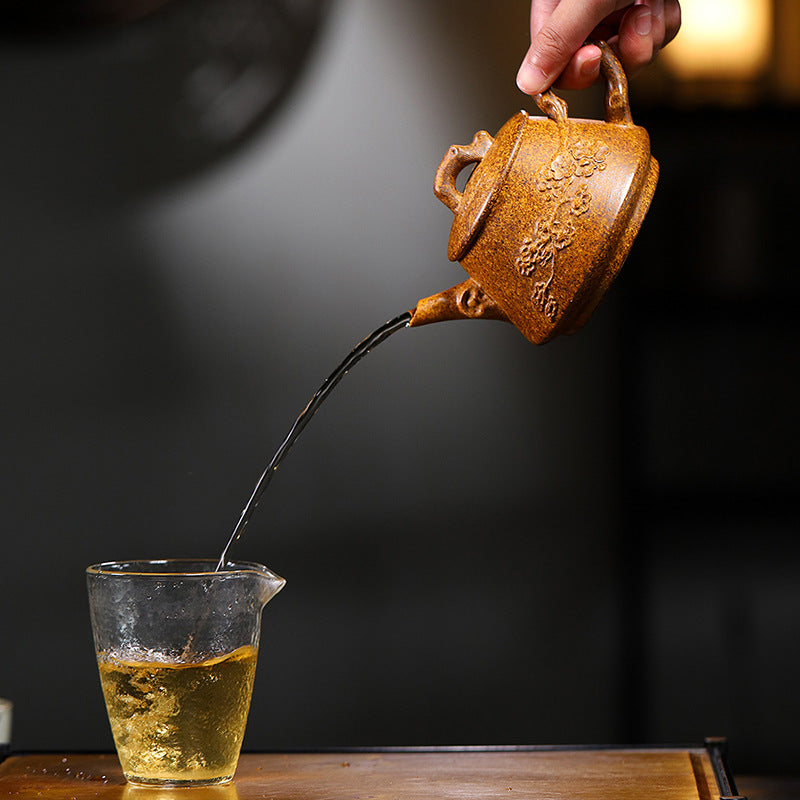 Yixing Handmade Yellow Clay Zisha Teapot with Floral Appliqué, 320ml Large Capacity