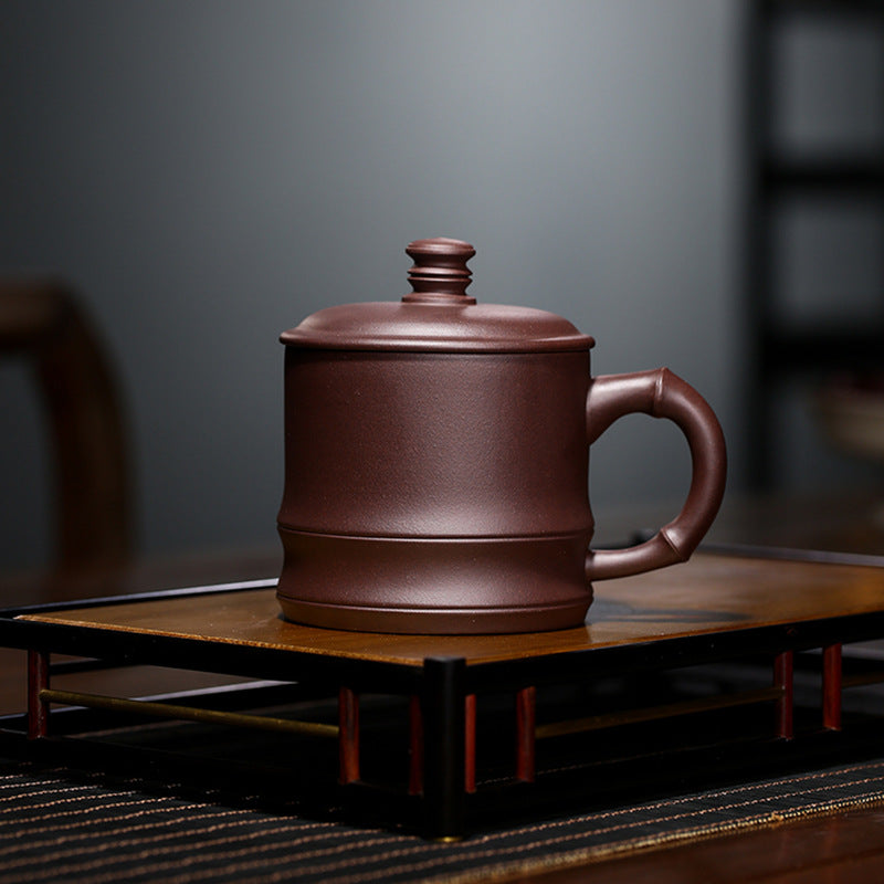 Handmade Zisha Purple Clay Bamboo Lid Teacup, 450ml Capacity