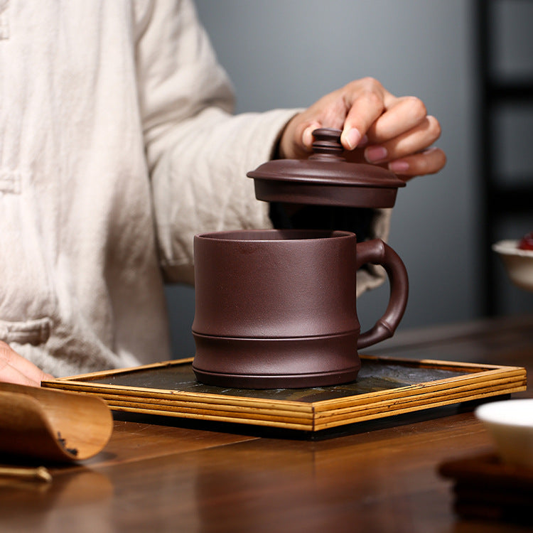 Handmade Zisha Purple Clay Bamboo Lid Teacup, 450ml Capacity