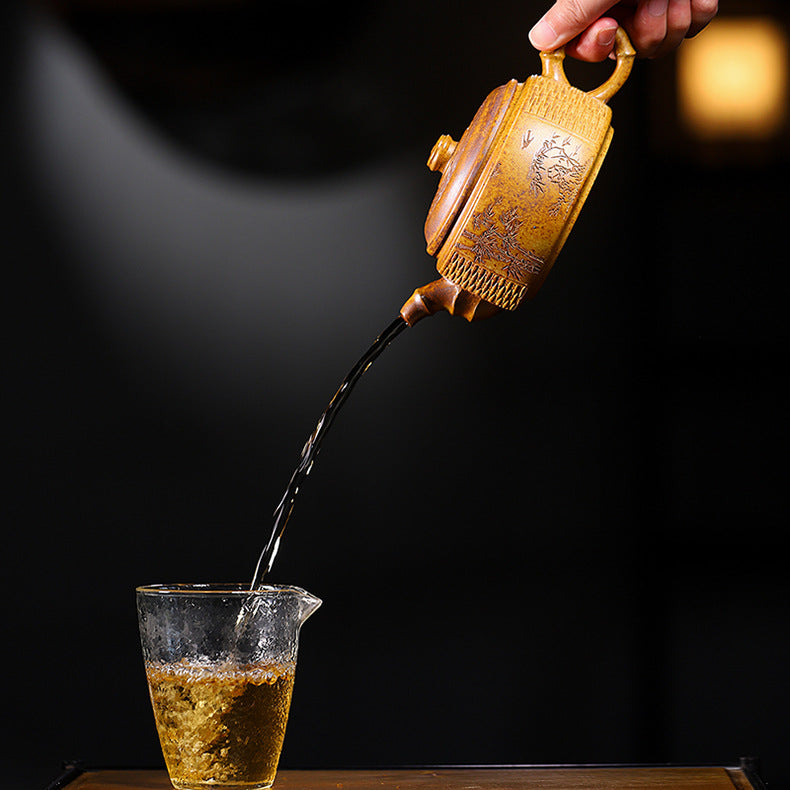 Handmade Bamboo Weave Drum Zisha Clay Teapot, Large Capacity 340ml