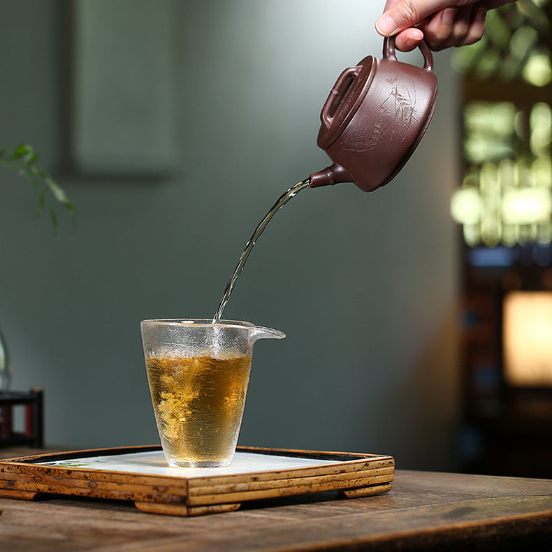 Handmade Yixing Zisha Purple Clay Teapot - Wide-Mouth Teapot with Engravings - 200ml Capacity