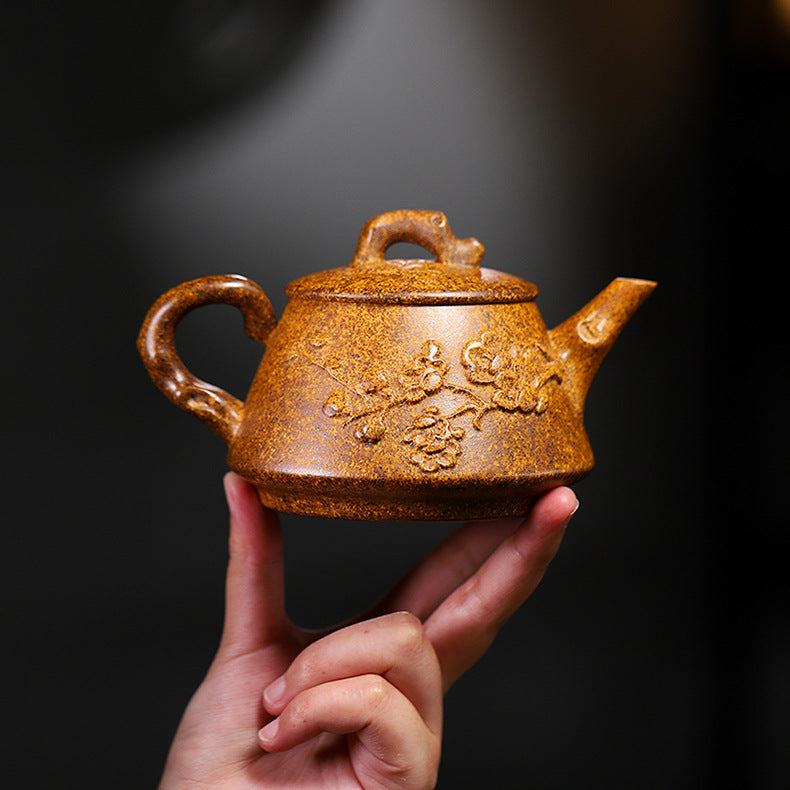 Yixing Handmade Yellow Clay Zisha Teapot with Floral Appliqué, 320ml Large Capacity