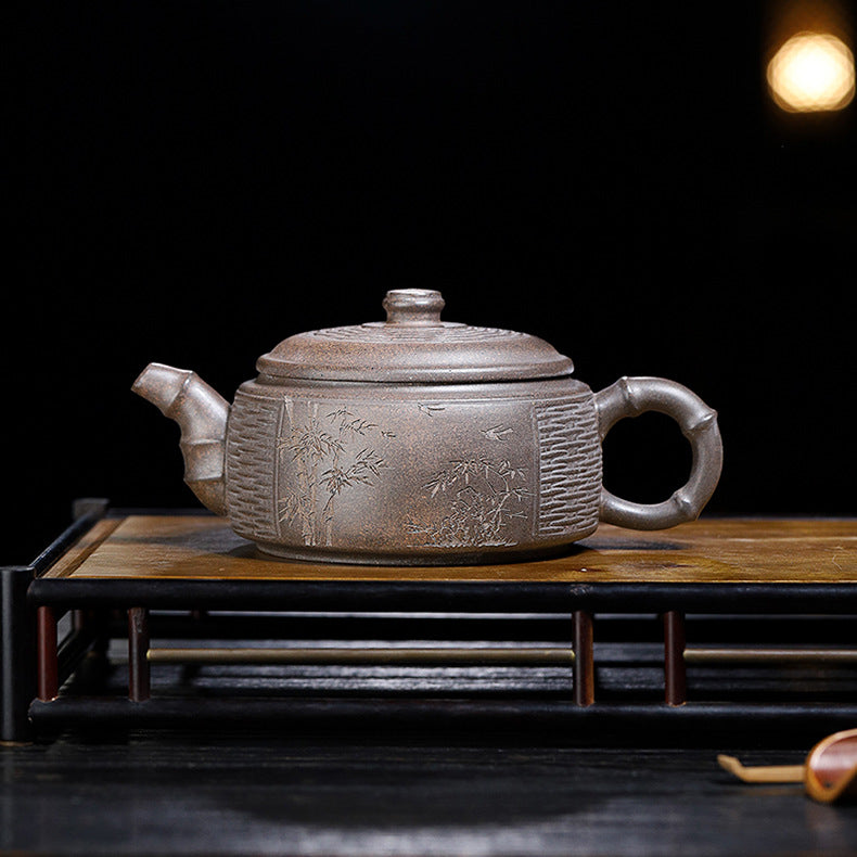 Handmade Bamboo Weave Drum Zisha Clay Teapot, Large Capacity 340ml