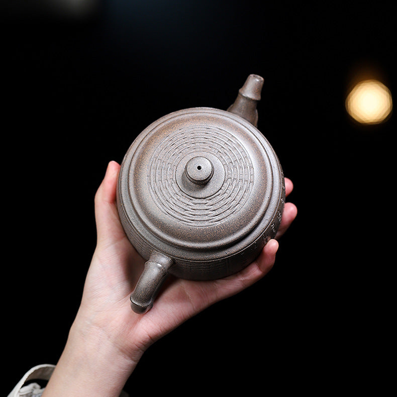 Handmade Bamboo Weave Drum Zisha Clay Teapot, Large Capacity 340ml