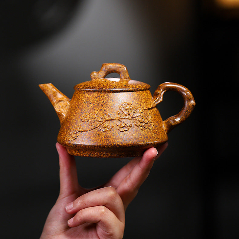 Yixing Handmade Yellow Clay Zisha Teapot with Floral Appliqué, 320ml Large Capacity