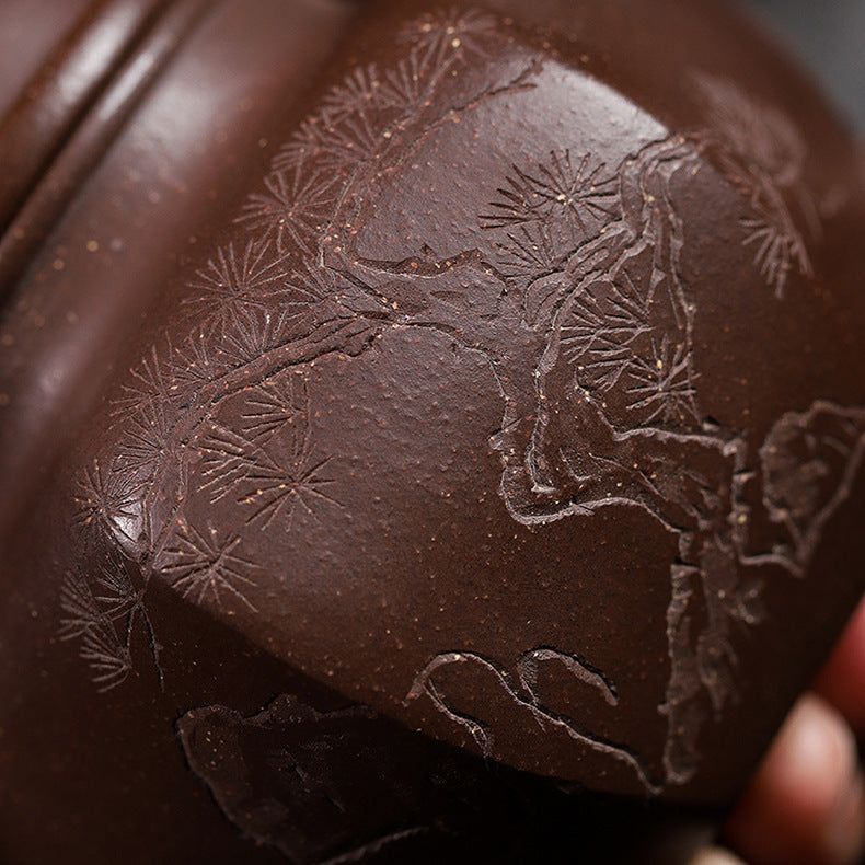 Handmadet Yixing Purple Zisha Clay Teapot with Carved Graphic, 280ml Capacity