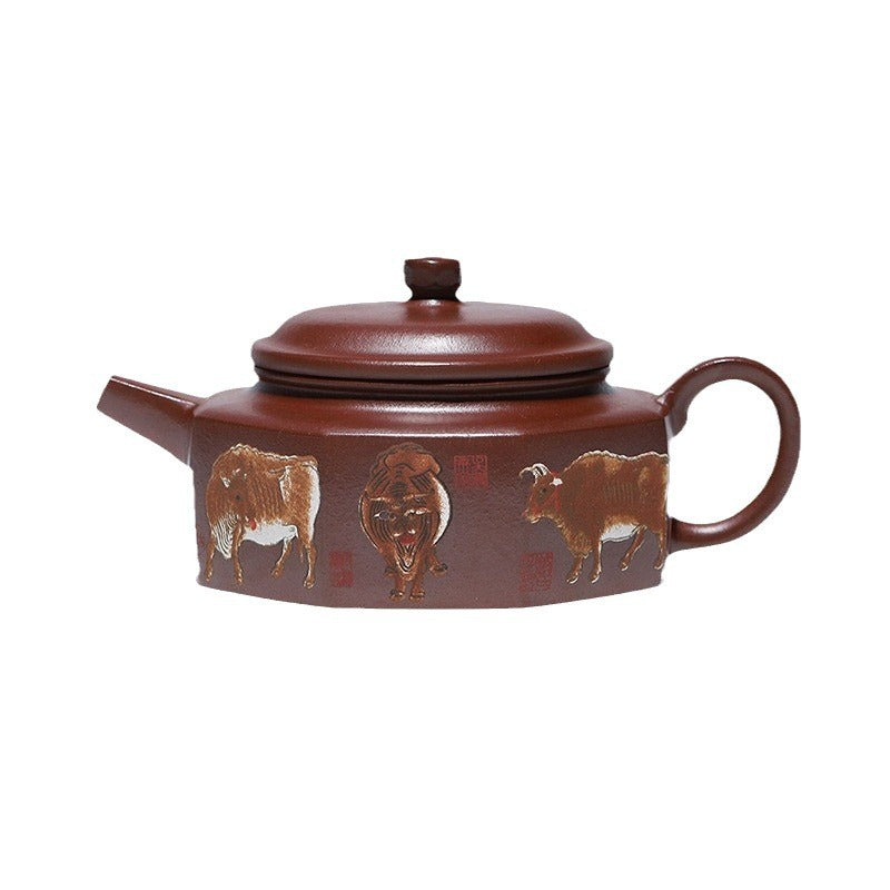 Handmade Zisha Purple Clay Teapot with Handpainted Graphic "Five Bulls", 220ml Capacity