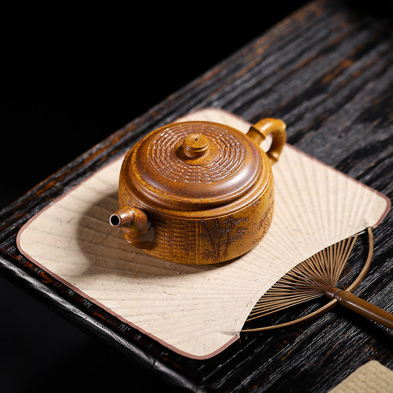 Handmade Bamboo Weave Drum Zisha Clay Teapot, Large Capacity 340ml