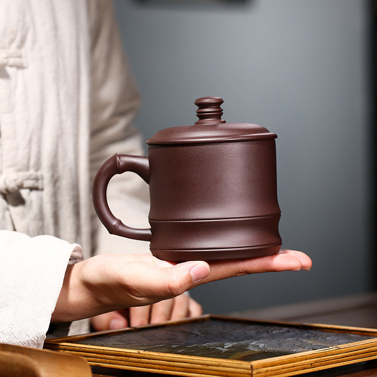 Handmade Zisha Purple Clay Bamboo Lid Teacup, 450ml Capacity