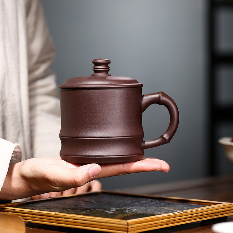 Handmade Zisha Purple Clay Bamboo Lid Teacup, 450ml Capacity