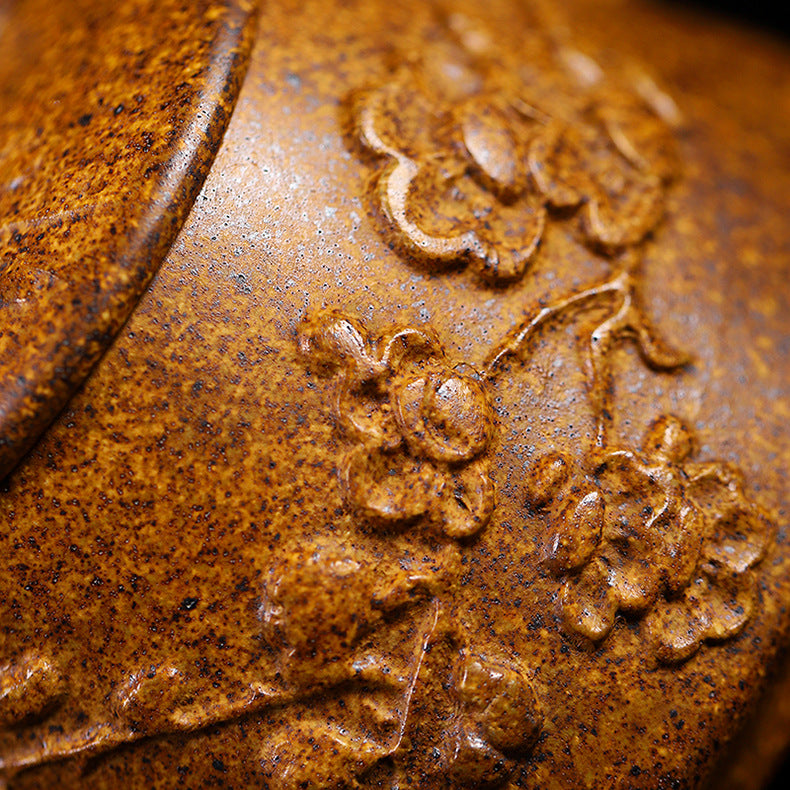 Yixing Handmade Yellow Clay Zisha Teapot with Floral Appliqué, 320ml Large Capacity