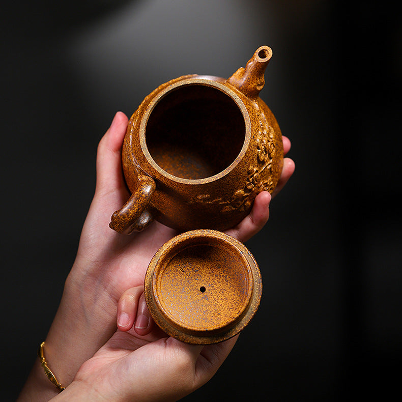 Yixing Handmade Yellow Clay Zisha Teapot with Floral Appliqué, 320ml Large Capacity