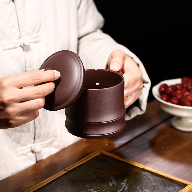 Handmade Zisha Purple Clay Bamboo Lid Teacup, 450ml Capacity