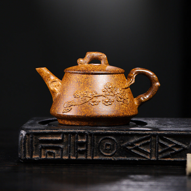 Yixing Handmade Yellow Clay Zisha Teapot with Floral Appliqué, 320ml Large Capacity