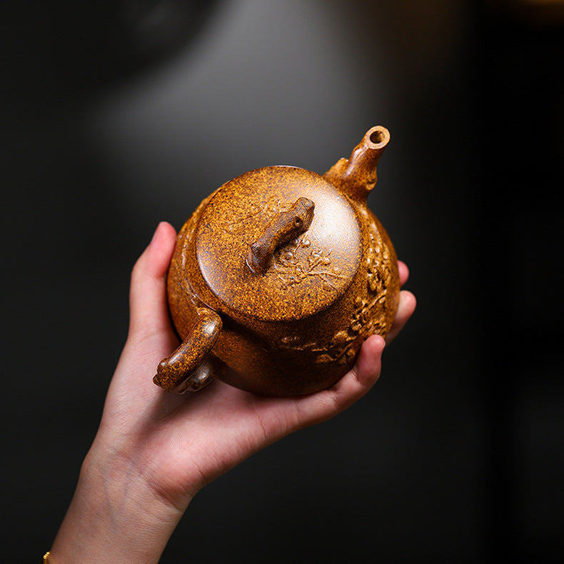 Yixing Handmade Yellow Clay Zisha Teapot with Floral Appliqué, 320ml Large Capacity