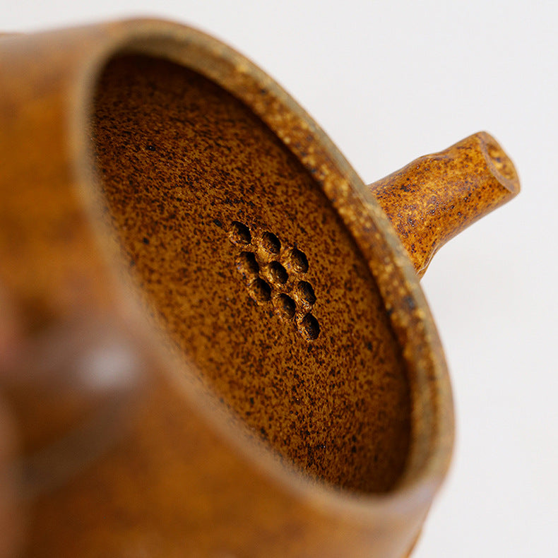 Yixing Handmade Yellow Clay Zisha Teapot with Floral Appliqué, 320ml Large Capacity