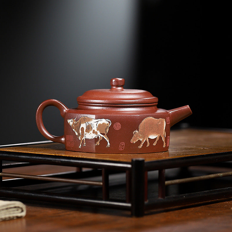 Handmade Zisha Purple Clay Teapot with Handpainted Graphic "Five Bulls", 220ml Capacity
