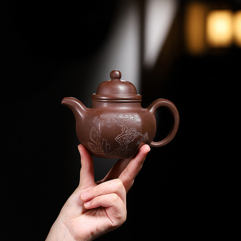 Handmadet Yixing Purple Zisha Clay Teapot with Carved Graphic, 280ml Capacity
