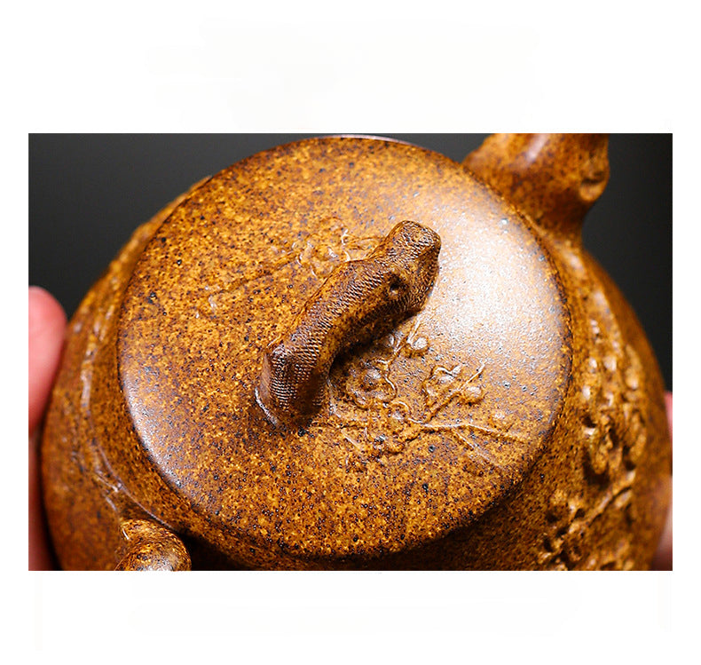 Yixing Handmade Yellow Clay Zisha Teapot with Floral Appliqué, 320ml Large Capacity