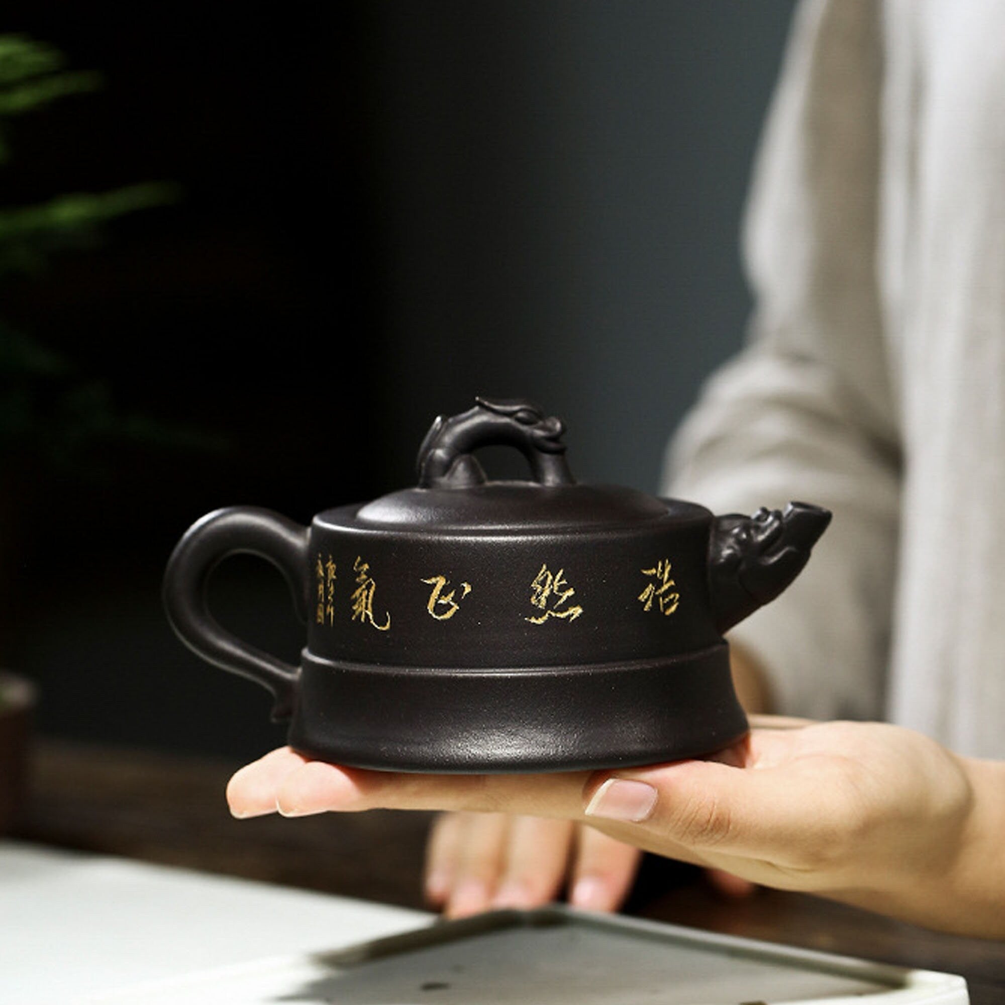 Handmade Yixing Zisha Teapot, Traditional Chinese Clay Teapot with Dragon Tail handle
