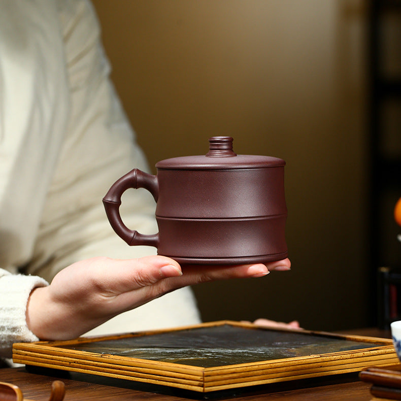 Handmade Yixing Engraved Zisha Purple Clay Cup - Office Tea Mug - 300ml Capacity