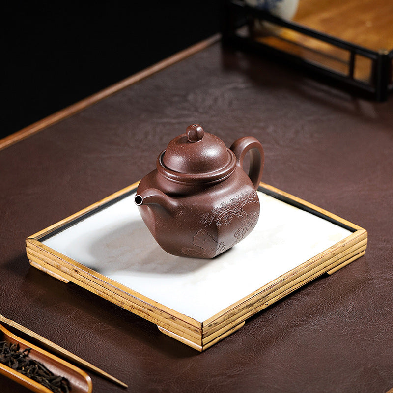 Handmadet Yixing Purple Zisha Clay Teapot with Carved Graphic, 280ml Capacity