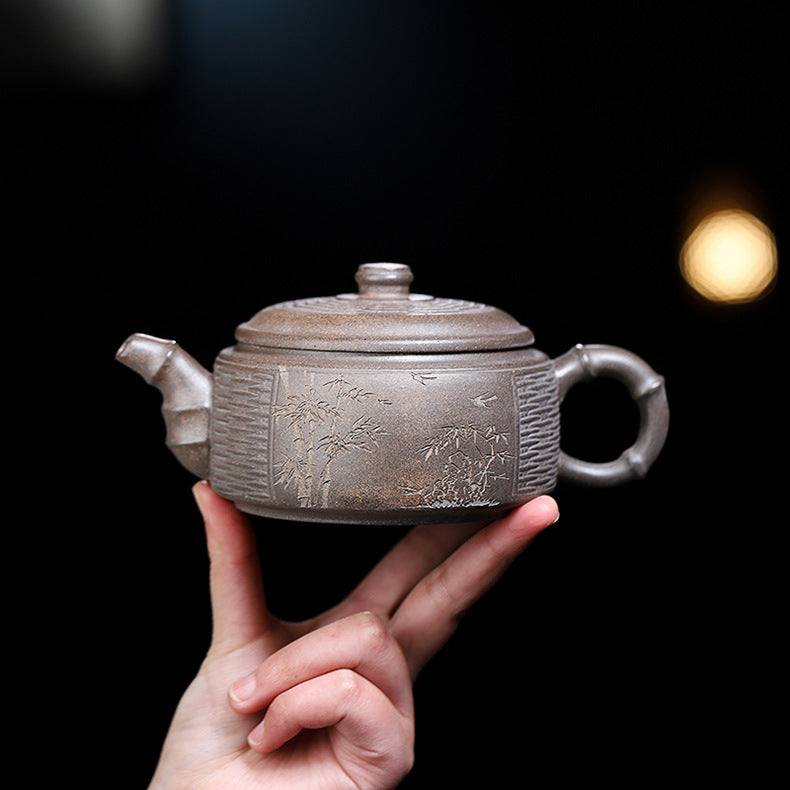 Handmade Bamboo Weave Drum Zisha Clay Teapot, Large Capacity 340ml