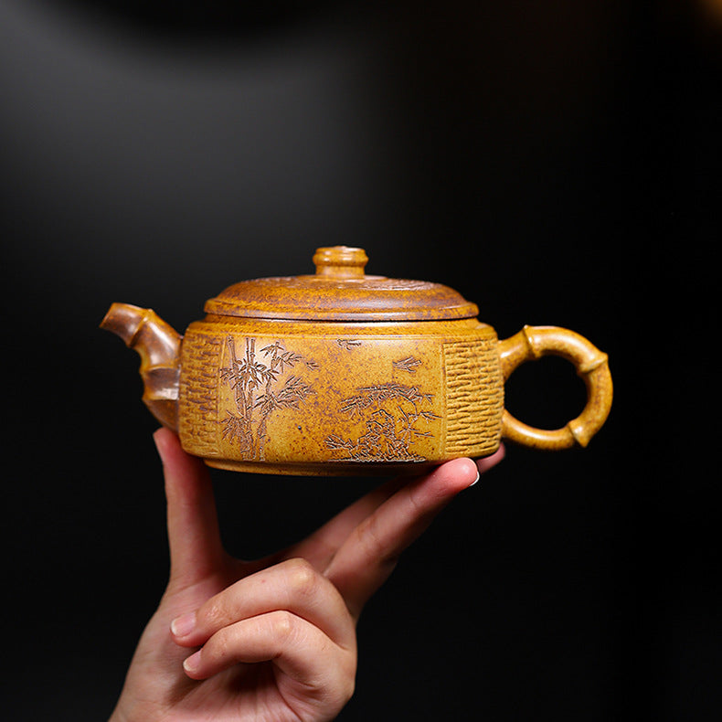 Handmade Bamboo Weave Drum Zisha Clay Teapot, Large Capacity 340ml