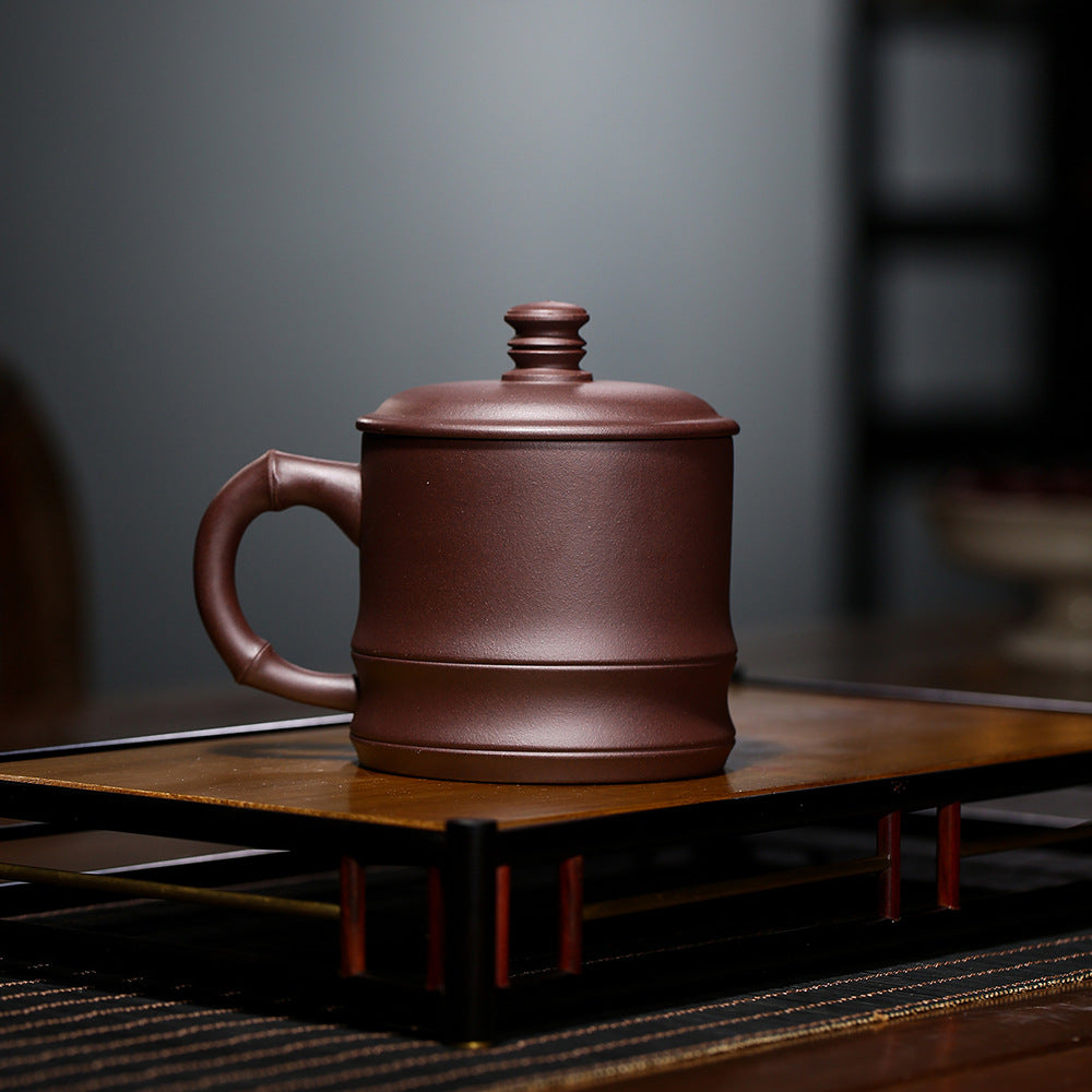Handmade Zisha Purple Clay Bamboo Lid Teacup, 450ml Capacity