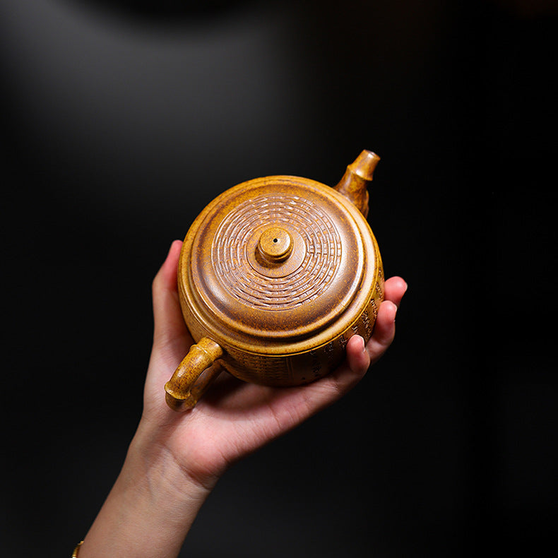 Handmade Bamboo Weave Drum Zisha Clay Teapot, Large Capacity 340ml